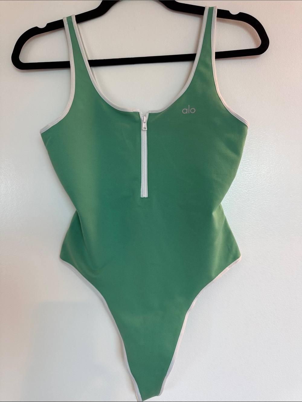 ALO Yoga Mint Green One-Piece Zip-Front Bodysuit with White Trim